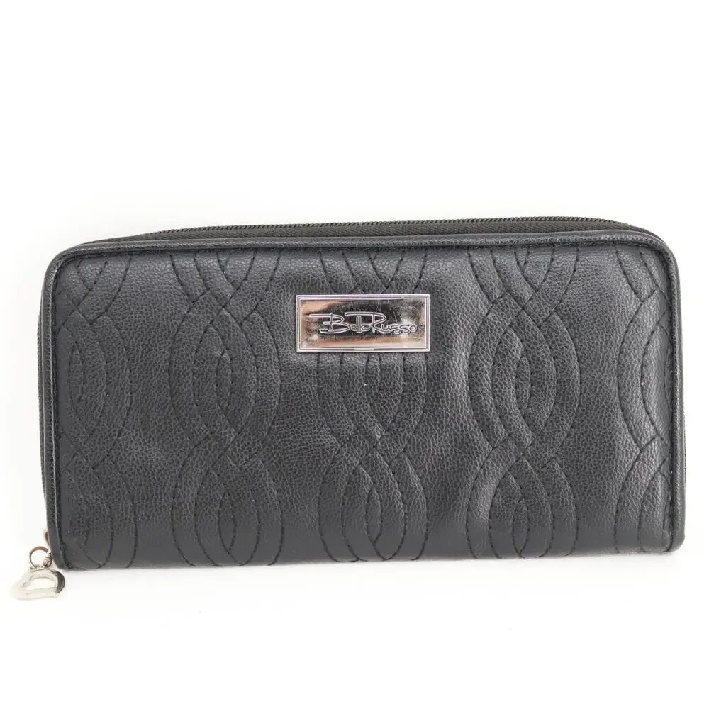 Bella Russo Wallet Black Faux Leather Quilted Clutch ID Card Cash Coin Accordion